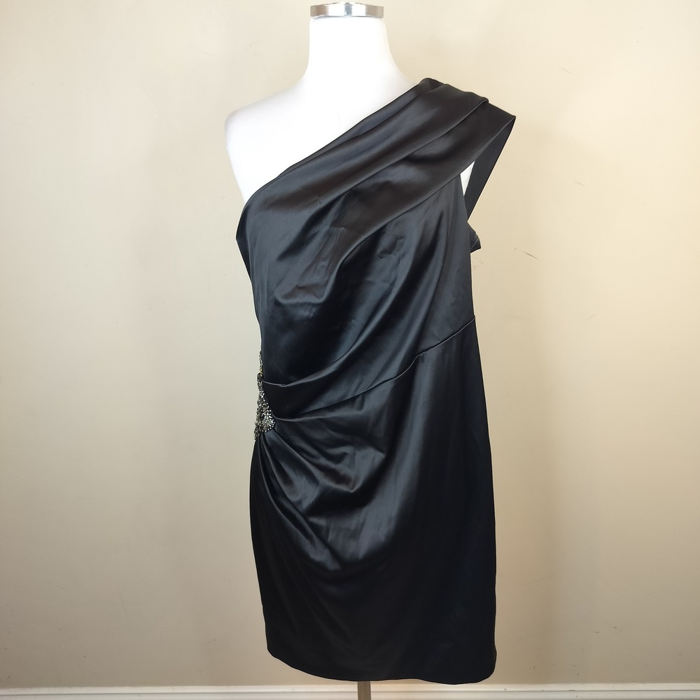Eliza J One Shoulder Dress Beaded Cocktail Party Elegant Satin Ruched